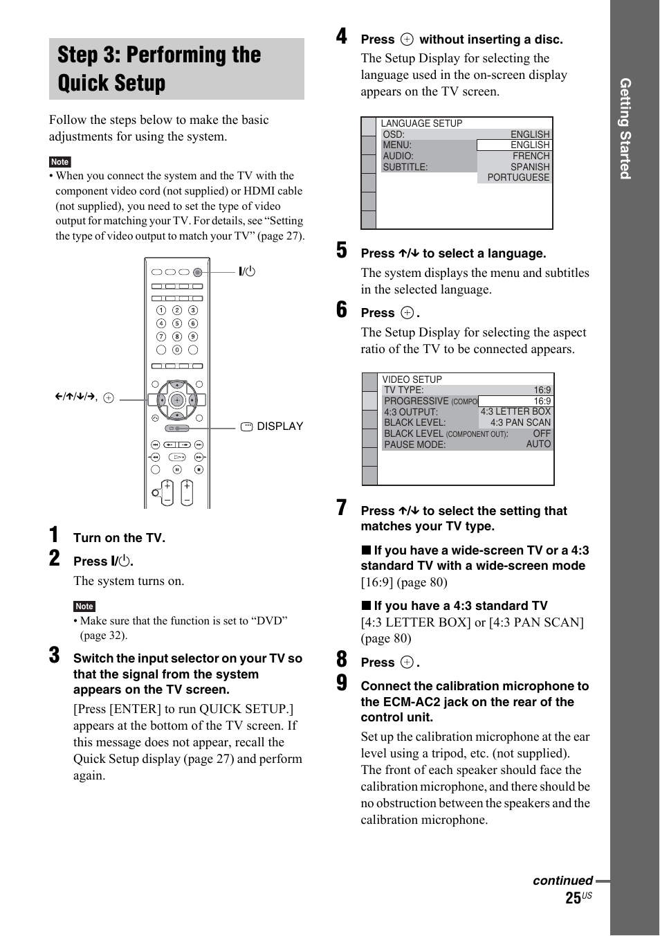 Step 3: performing the quick setup | Sony DAV-IS50 User Manual | Page 25 / 115