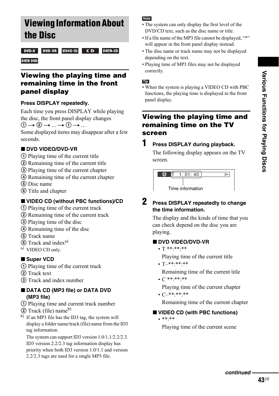 Viewing information about the disc | Sony DAV-IS50 User Manual | Page 43 / 115