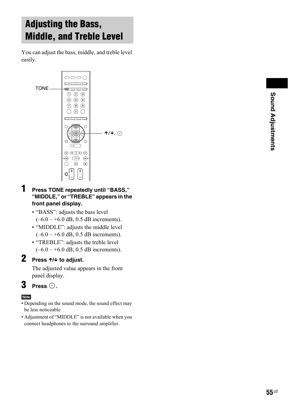 Adjusting the bass, middle, and treble level, Adjusting the bass, middle, and, Treble level | Sony DAV-IS50 User Manual | Page 55 / 115