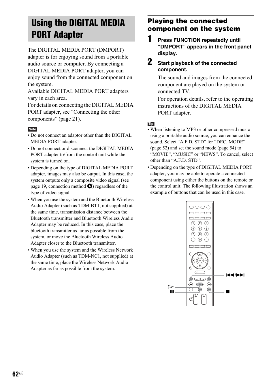 Using the digital media port adapter, Using the digital media port, Adapter | Playing the connected component on the system | Sony DAV-IS50 User Manual | Page 62 / 115