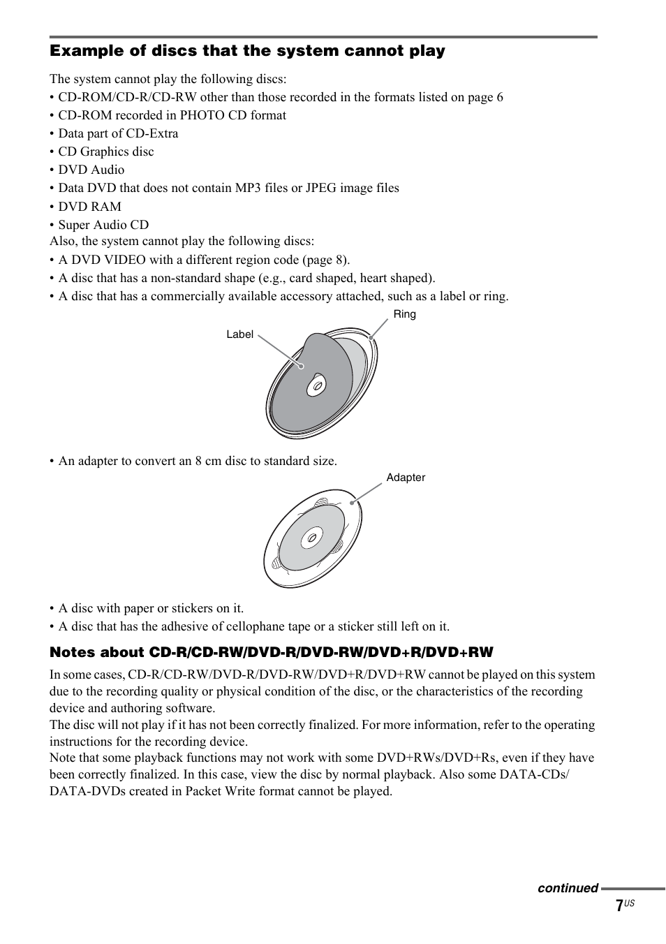 Example of discs that the system cannot play | Sony DAV-IS50 User Manual | Page 7 / 115