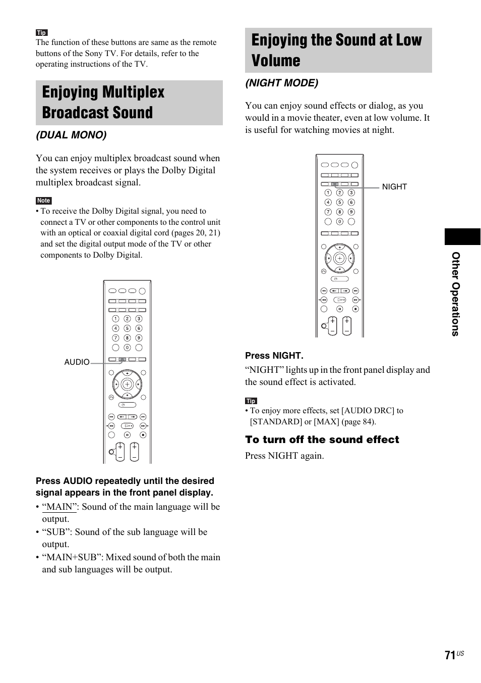 Enjoying multiplex broadcast sound, Dual mono), Enjoying the sound at low volume | Night mode) | Sony DAV-IS50 User Manual | Page 71 / 115