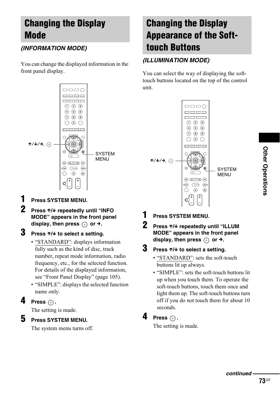 Changing the display mode, Information mode), Illumination mode) | Changing the display appearance, Of the soft-touch buttons (illumination mode) | Sony DAV-IS50 User Manual | Page 73 / 115