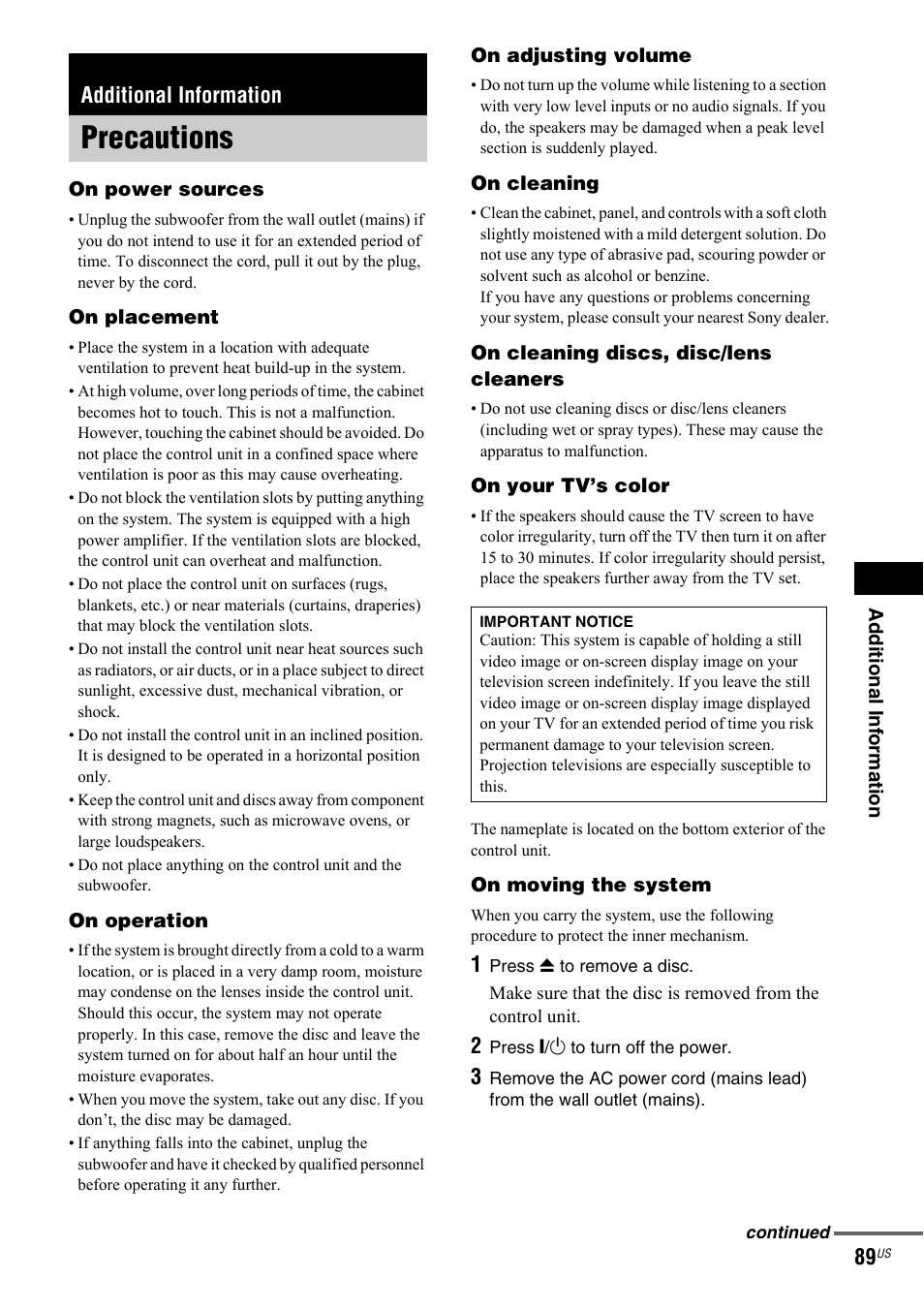 Additional information, Precautions | Sony DAV-IS50 User Manual | Page 89 / 115
