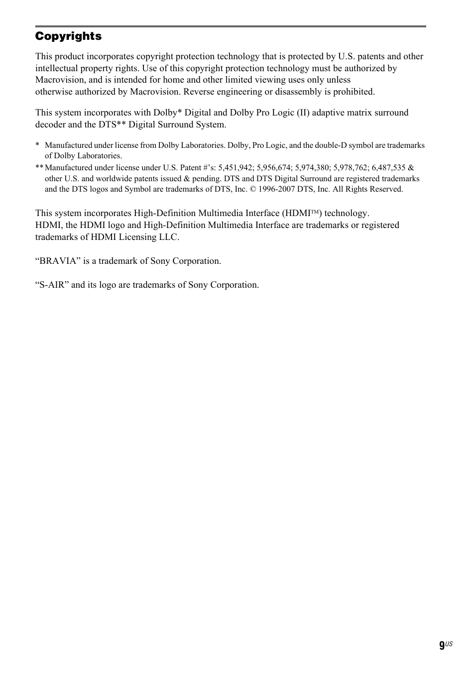 Copyrights | Sony DAV-IS50 User Manual | Page 9 / 115