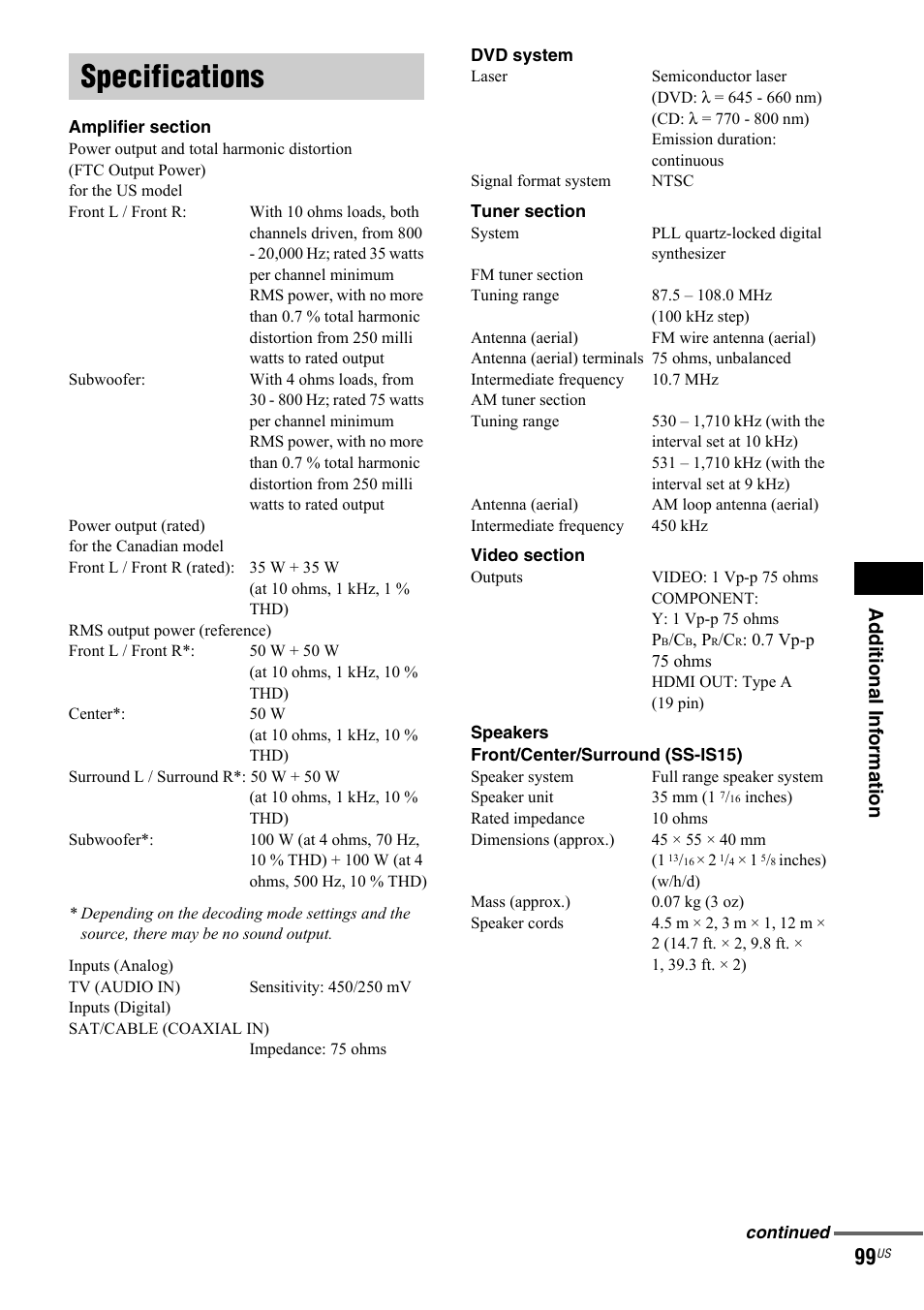 Specifications | Sony DAV-IS50 User Manual | Page 99 / 115