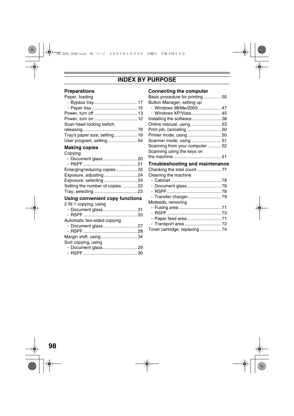 Index by purpose | Sony AR-208S User Manual | Page 100 / 311