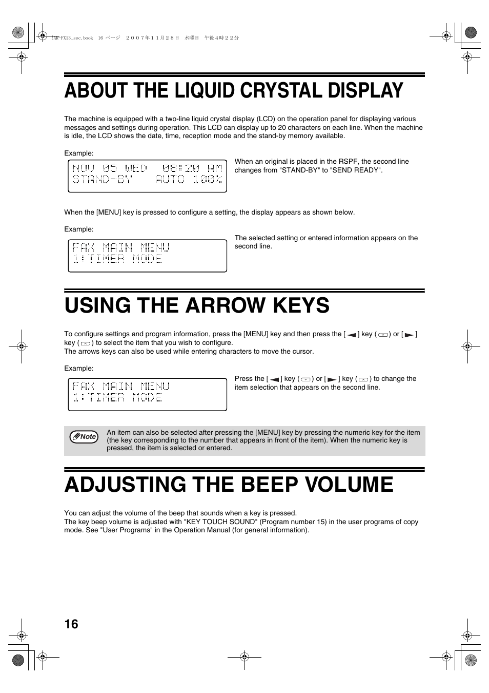About the liquid crystal display, Using the arrow keys, Adjusting the beep volume | Sony AR-208S User Manual | Page 124 / 311