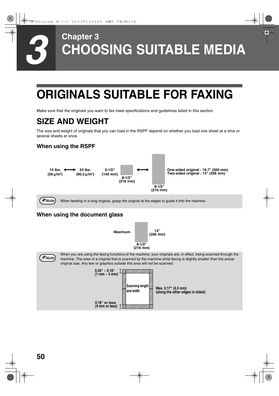 Choosing suitable media, Originals suitable for faxing, Chapter 3 | Size and weight | Sony AR-208S User Manual | Page 158 / 311