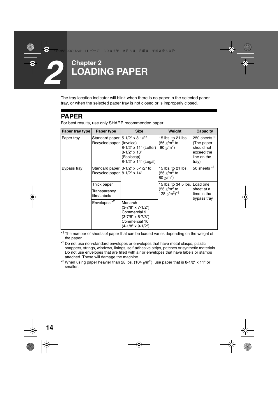 Loading paper, Chapter 2, Paper | Sony AR-208S User Manual | Page 16 / 311