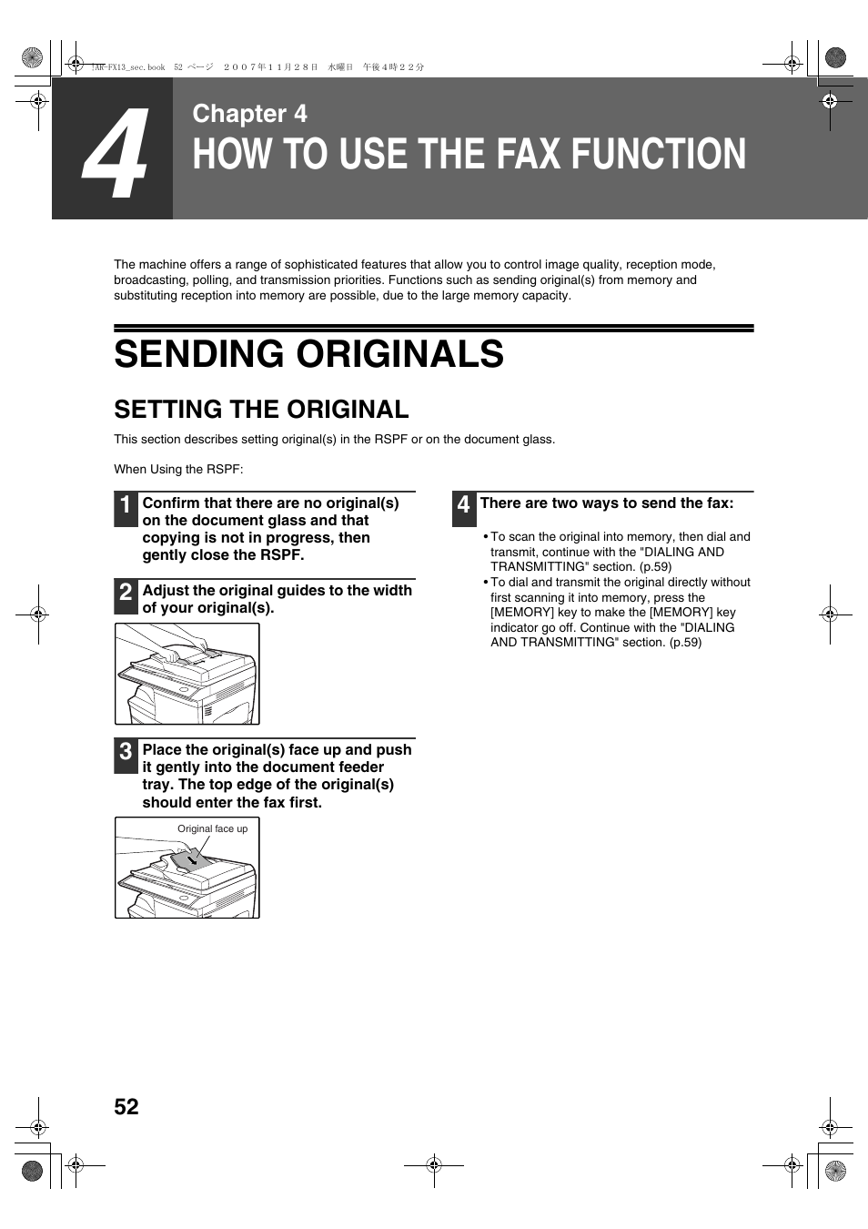 How to use the fax function, Sending originals | Sony AR-208S User Manual | Page 160 / 311