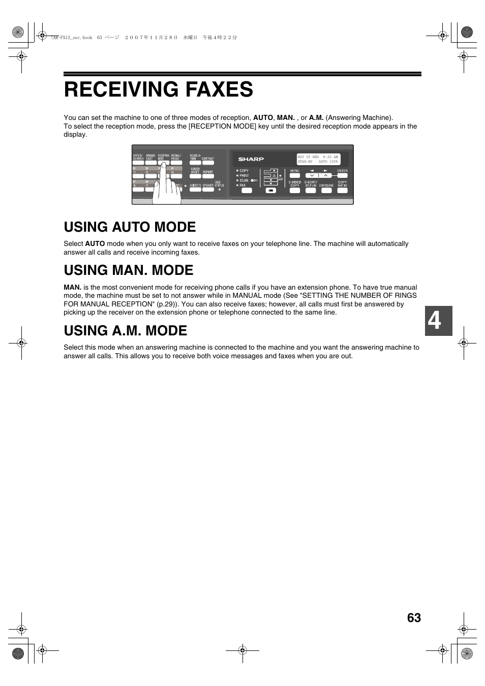 Receiving faxes, Using auto mode, Using man. mode | Using a.m. mode | Sony AR-208S User Manual | Page 171 / 311