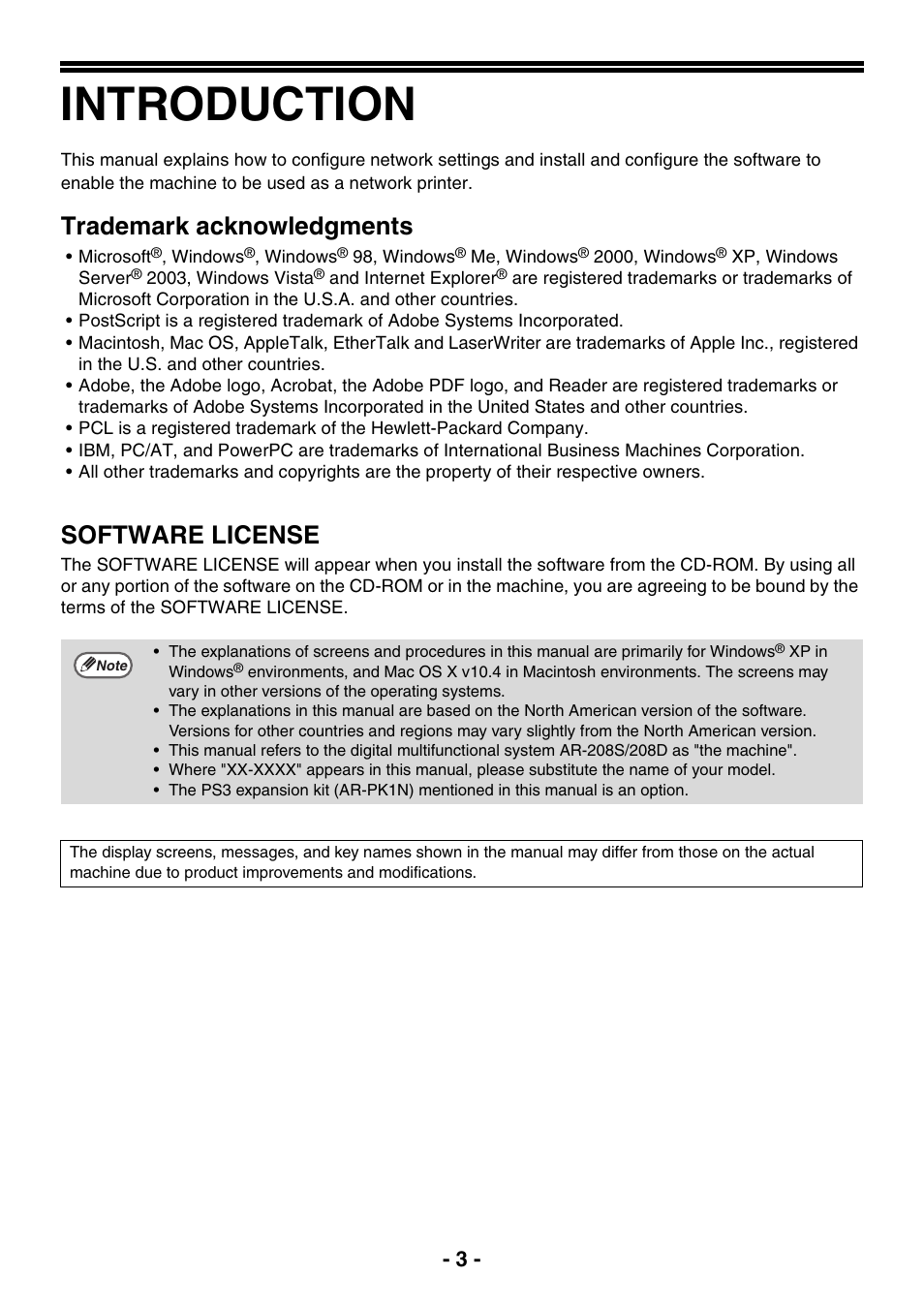 Introduction, Trademark acknowledgments, Software license | Sony AR-208S User Manual | Page 211 / 311