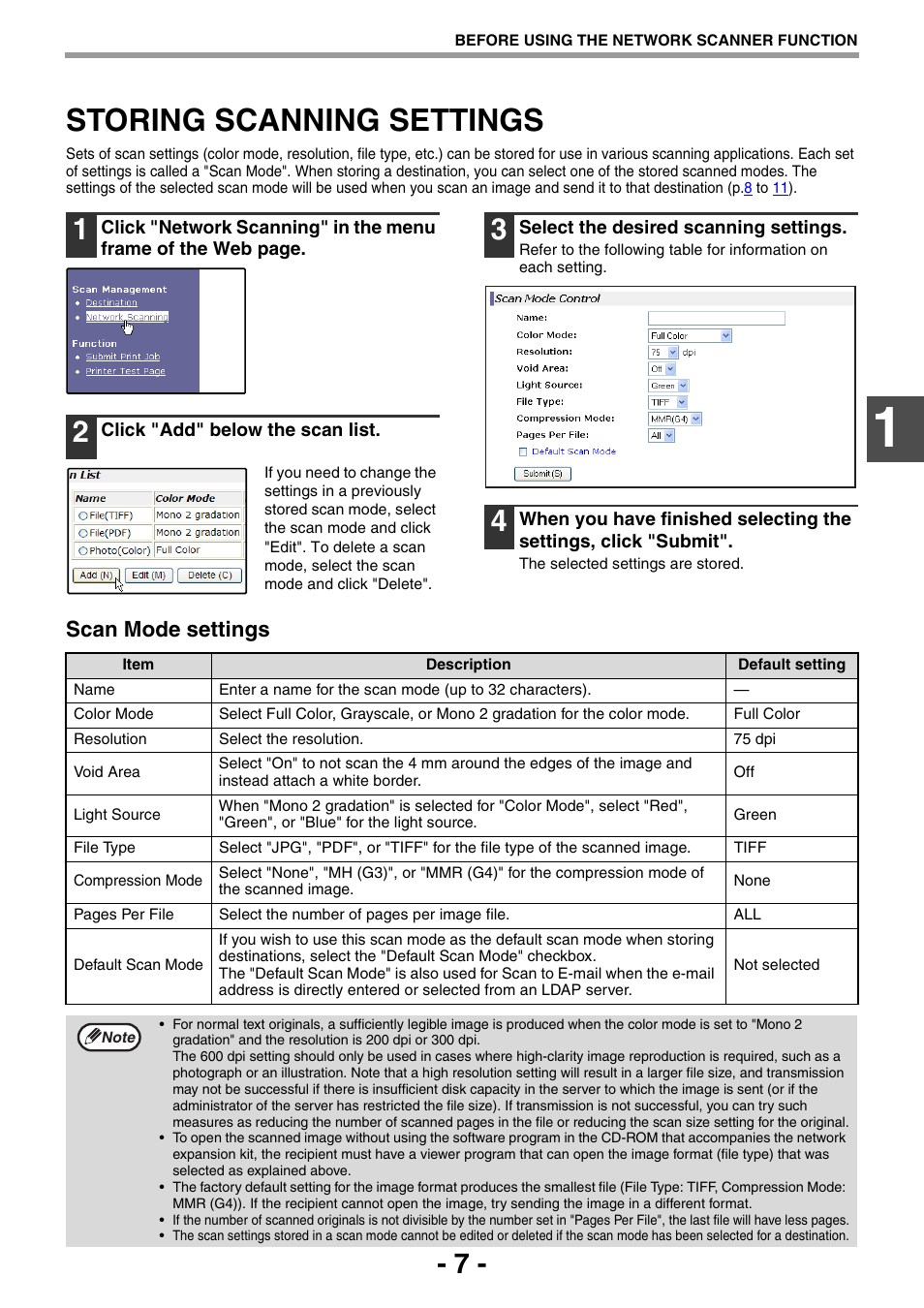 Storing scanning settings, P.7), Scan mode settings | Sony AR-208S User Manual | Page 240 / 311