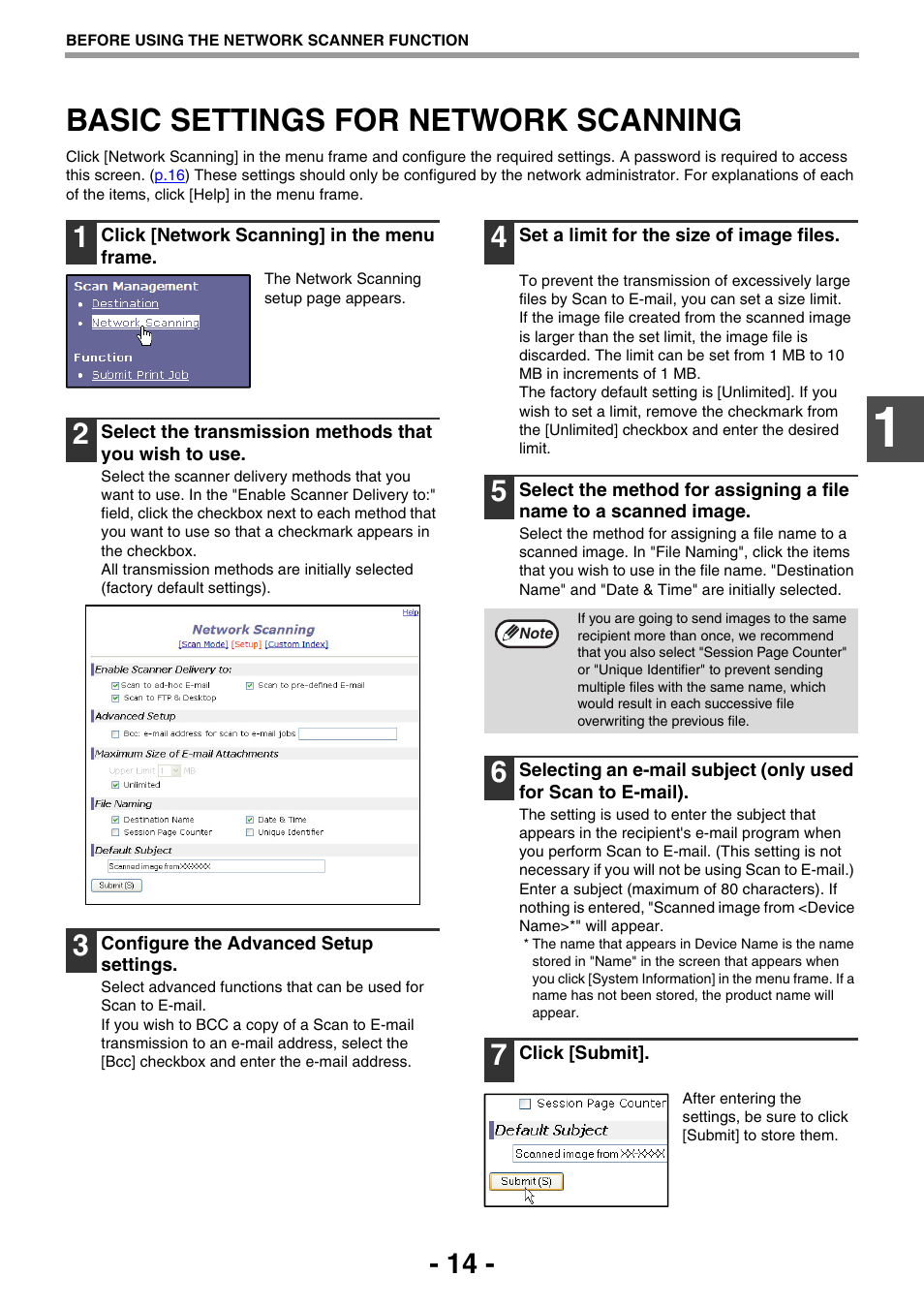 Basic settings for network scanning, Basic settings for network, Scanning | Nning, P.14 | Sony AR-208S User Manual | Page 247 / 311