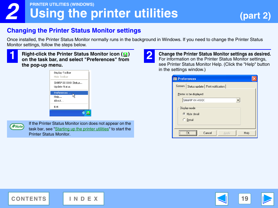 Changing the printer status monitor settings, Using the printer utilities, Part 2) | Sony AR-208S User Manual | Page 282 / 311
