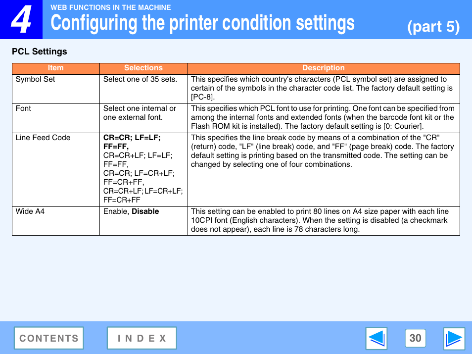Pcl settings, Symbol set, Font | Line feed code, Wide a4, Configuring the printer condition settings, Part 5) | Sony AR-208S User Manual | Page 293 / 311