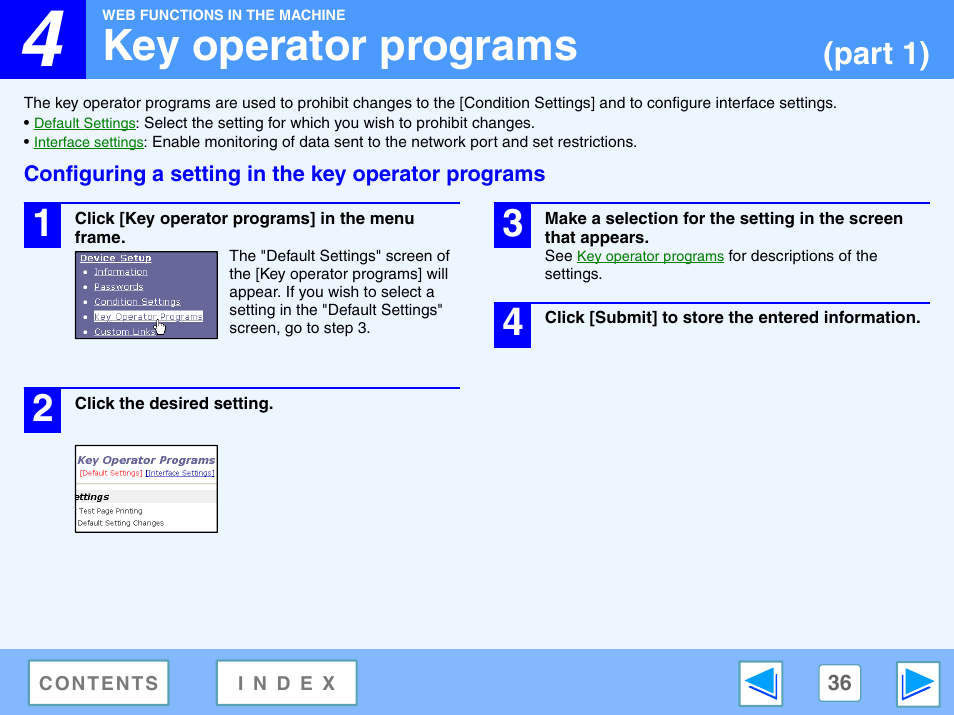Configuring a setting in the key operator programs, Key operator programs, Part 1) | Sony AR-208S User Manual | Page 299 / 311