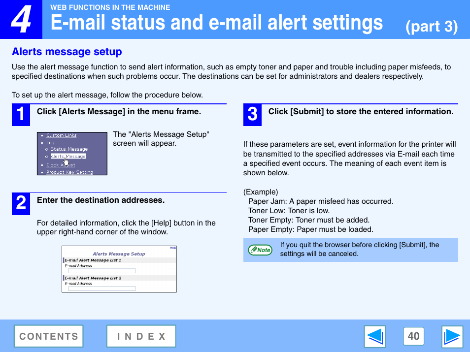 Alerts message setup, E-mail status and e-mail alert settings, Part 3) | Sony AR-208S User Manual | Page 303 / 311