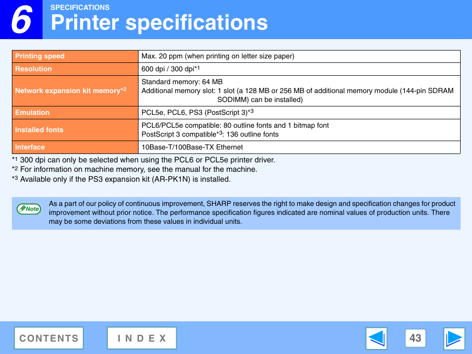 Printer specifications, 6 specifications | Sony AR-208S User Manual | Page 306 / 311