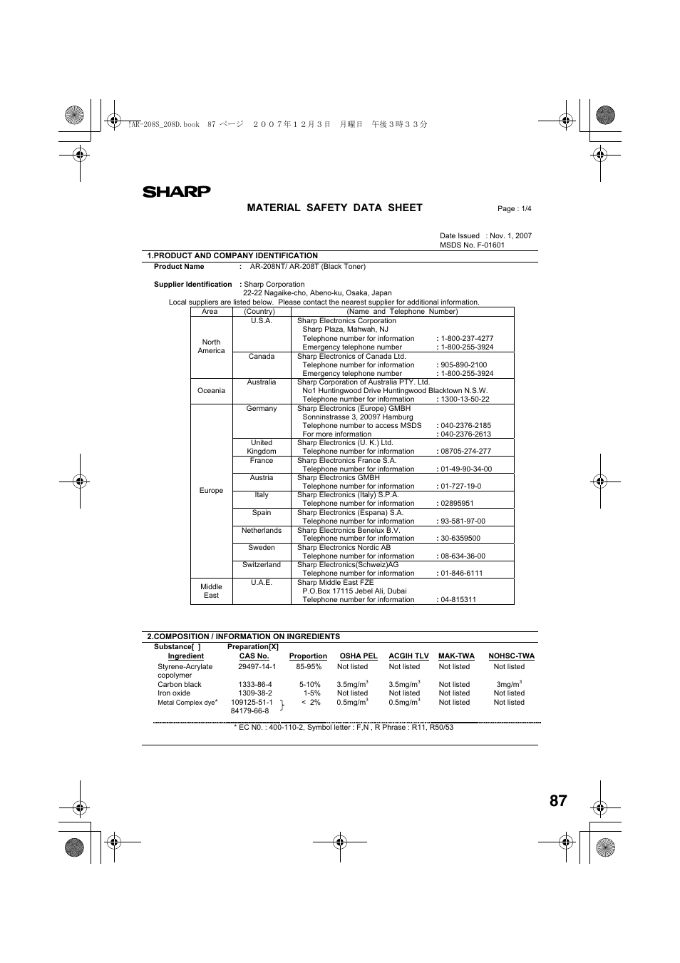 Material safety data sheet | Sony AR-208S User Manual | Page 89 / 311