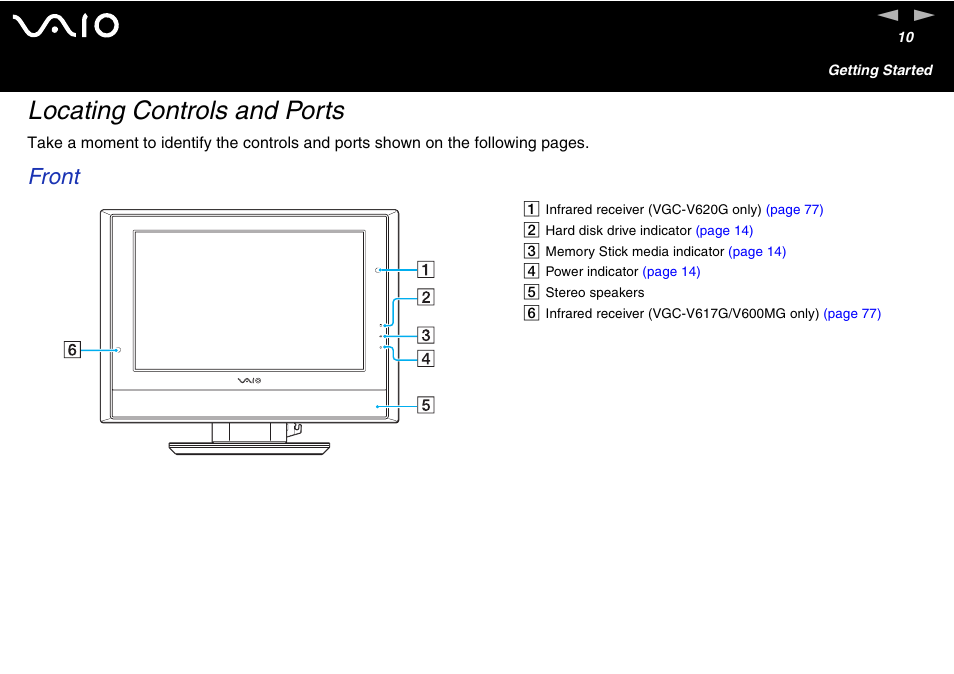 Locating controls and ports, Front | Sony VGC-V User Manual | Page 10 / 158