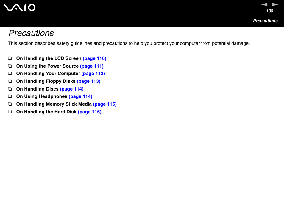 Precautions | Sony VGC-V User Manual | Page 109 / 158