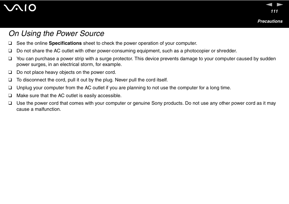 On using the power source | Sony VGC-V User Manual | Page 111 / 158