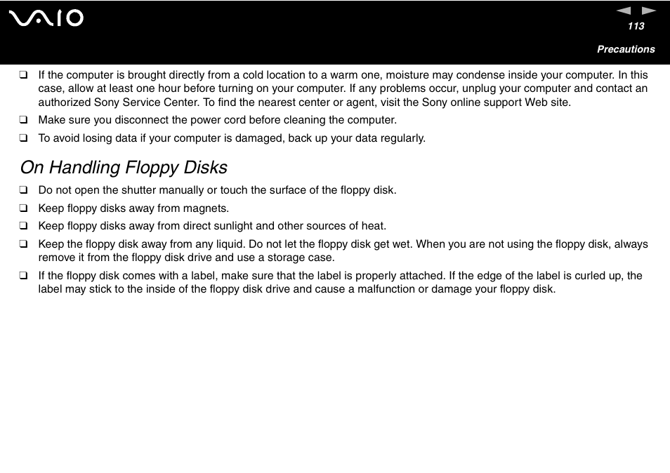 On handling floppy disks | Sony VGC-V User Manual | Page 113 / 158