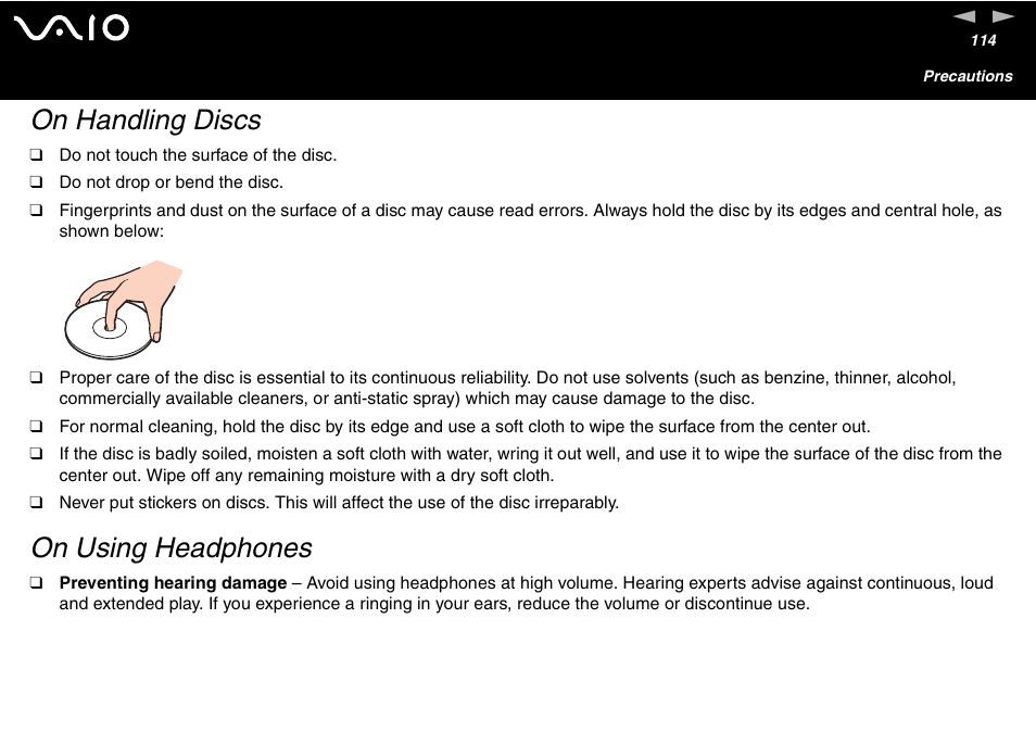 On handling discs, On using headphones | Sony VGC-V User Manual | Page 114 / 158