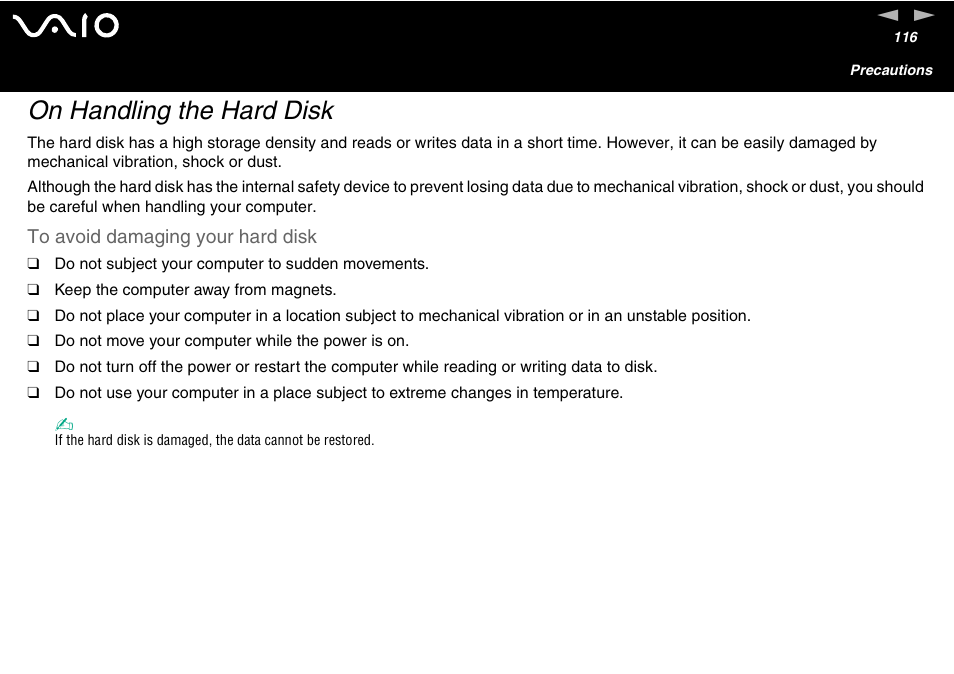 On handling the hard disk | Sony VGC-V User Manual | Page 116 / 158