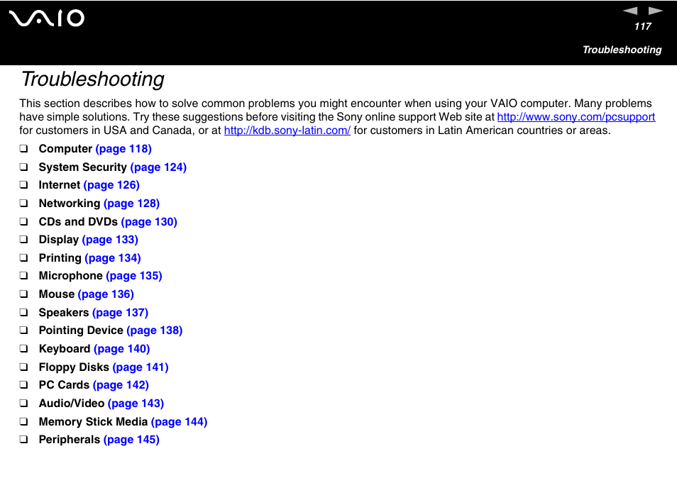 Troubleshooting | Sony VGC-V User Manual | Page 117 / 158