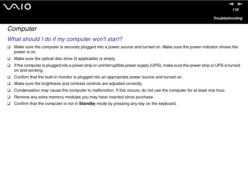 Computer, What should i do if my computer won't start | Sony VGC-V User Manual | Page 118 / 158