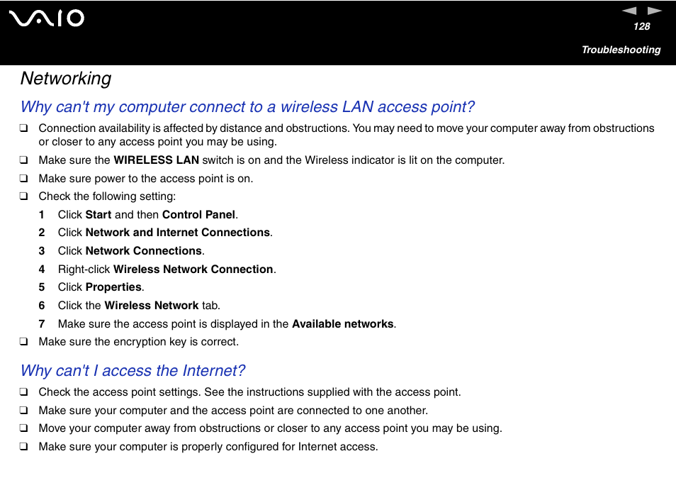 Networking, Why can't i access the internet | Sony VGC-V User Manual | Page 128 / 158