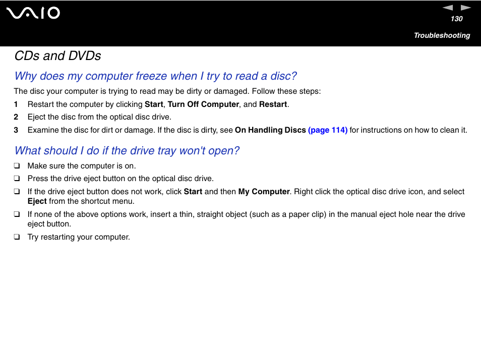 Cds and dvds, What should i do if the drive tray won't open | Sony VGC-V User Manual | Page 130 / 158