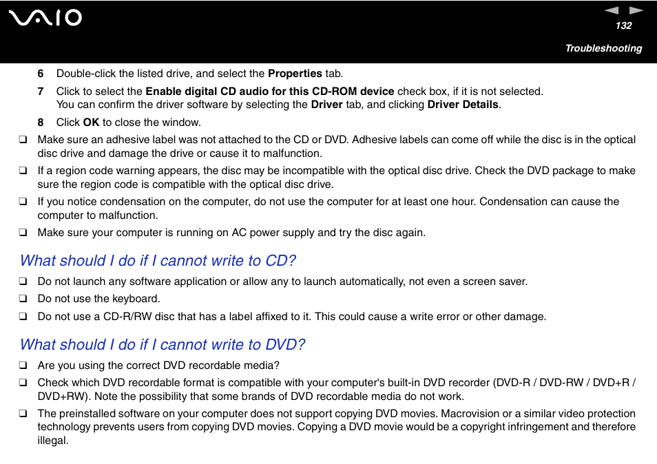 What should i do if i cannot write to cd, What should i do if i cannot write to dvd | Sony VGC-V User Manual | Page 132 / 158