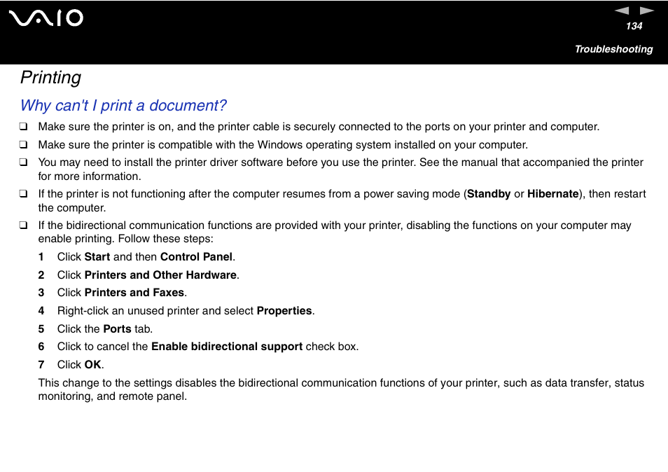 Printing, Why can't i print a document | Sony VGC-V User Manual | Page 134 / 158