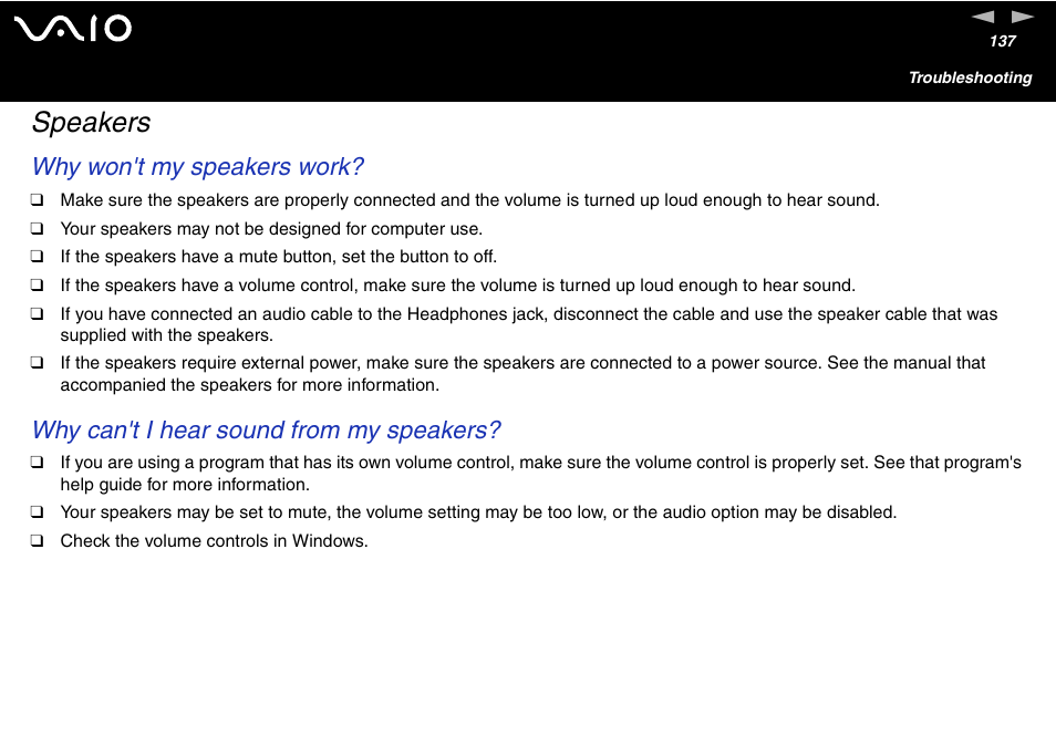 Speakers, Why won't my speakers work, Why can't i hear sound from my speakers | Sony VGC-V User Manual | Page 137 / 158