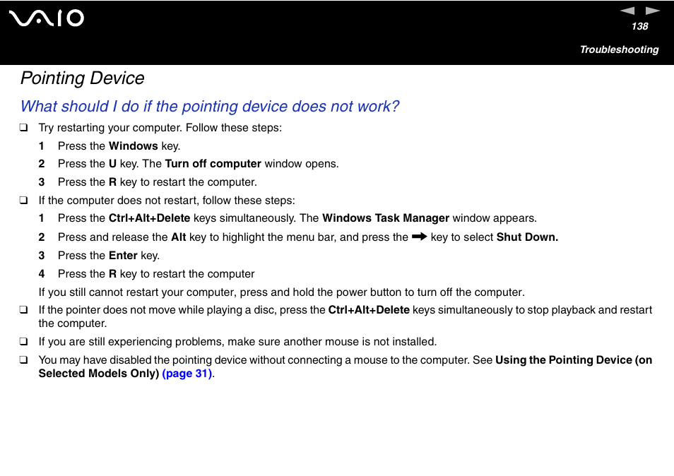 Pointing device | Sony VGC-V User Manual | Page 138 / 158