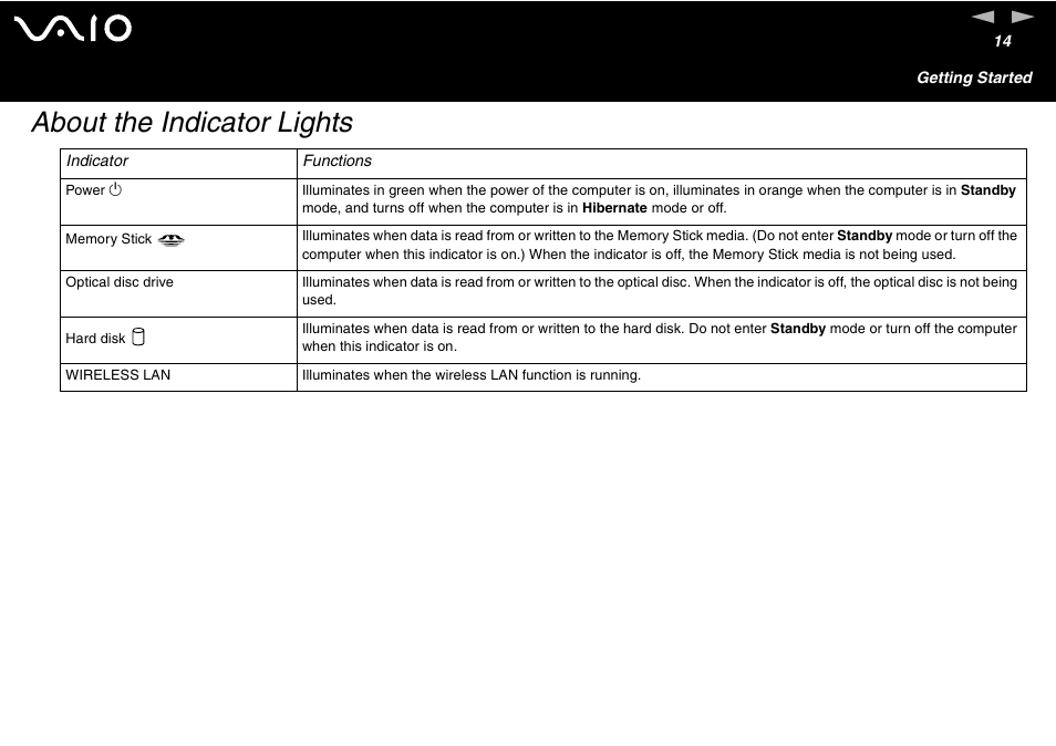 About the indicator lights | Sony VGC-V User Manual | Page 14 / 158