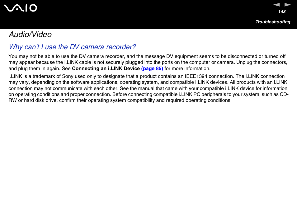 Audio/video, Why can't i use the dv camera recorder | Sony VGC-V User Manual | Page 143 / 158