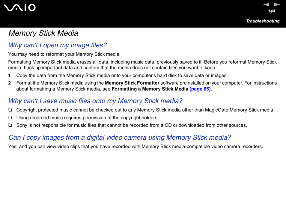 Memory stick media, Why can't i open my image files | Sony VGC-V User Manual | Page 144 / 158