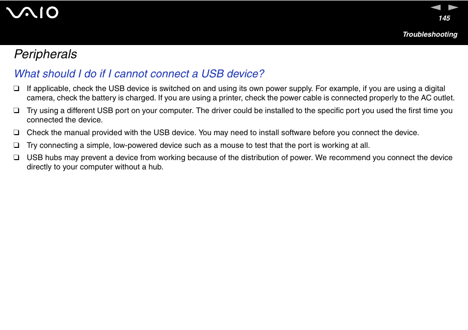 Peripherals, What should i do if i cannot connect a usb device | Sony VGC-V User Manual | Page 145 / 158