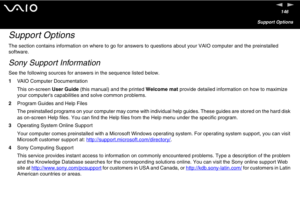 Support options, Sony support information | Sony VGC-V User Manual | Page 146 / 158