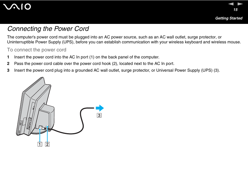 Connecting the power cord | Sony VGC-V User Manual | Page 15 / 158