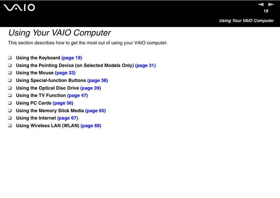 Using your vaio computer | Sony VGC-V User Manual | Page 18 / 158