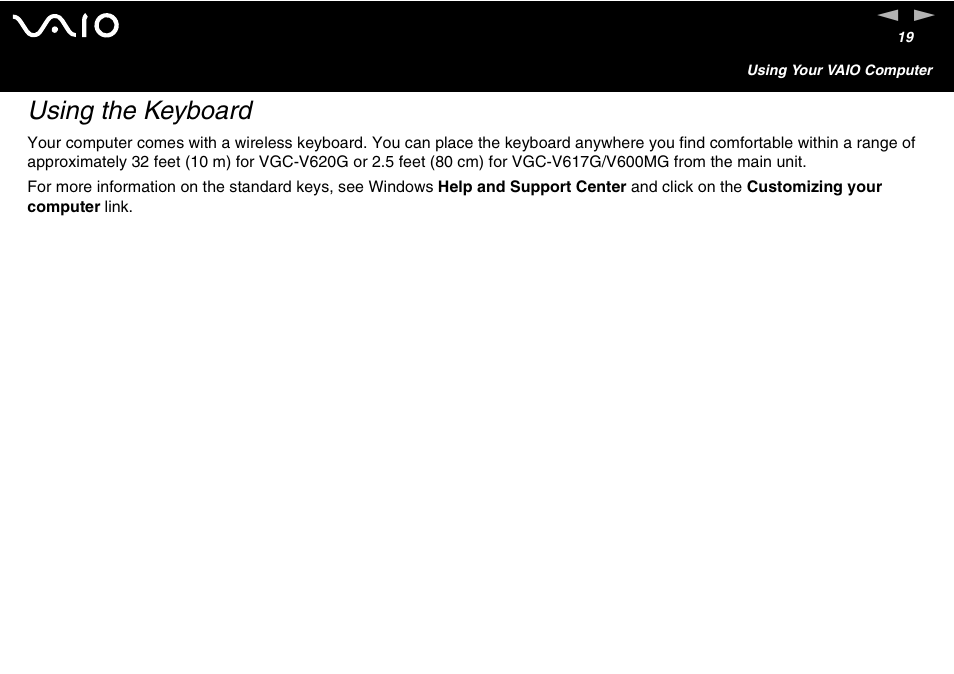 Using the keyboard | Sony VGC-V User Manual | Page 19 / 158