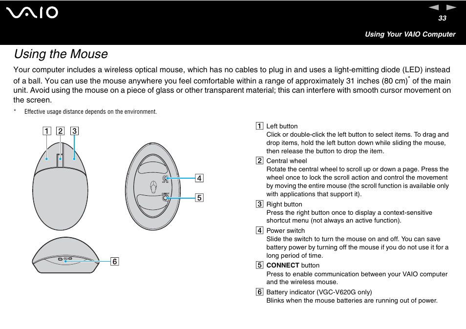 Using the mouse | Sony VGC-V User Manual | Page 33 / 158