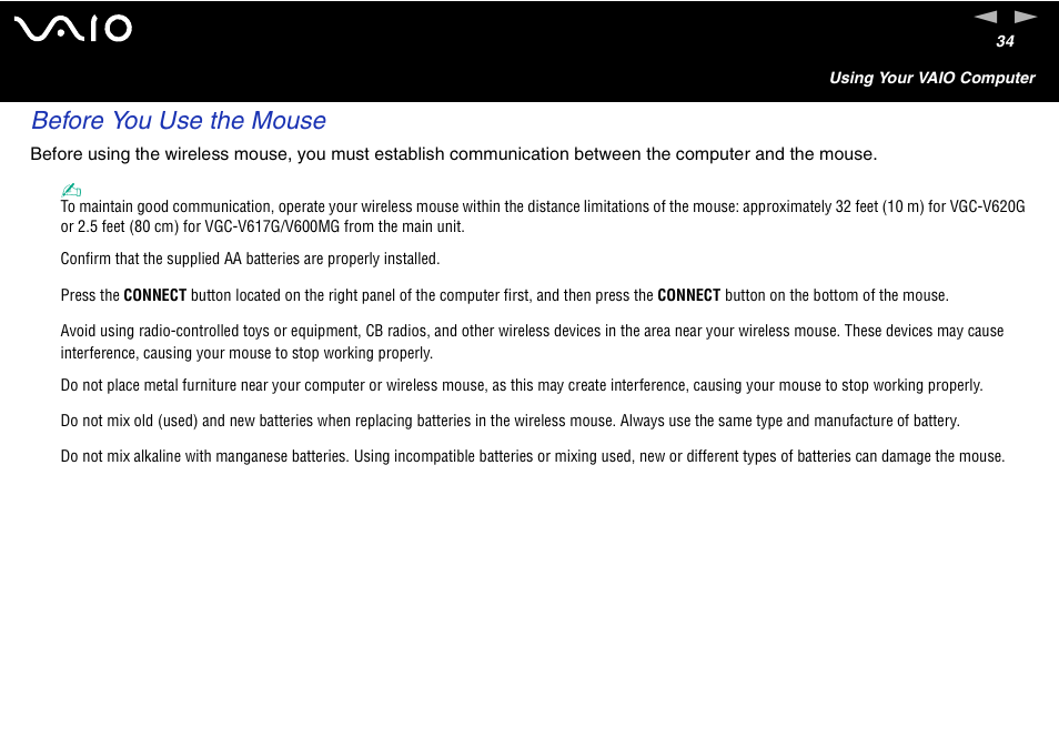 Before you use the mouse | Sony VGC-V User Manual | Page 34 / 158