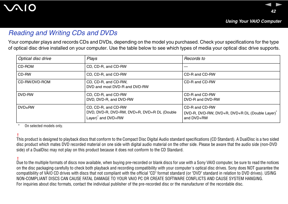 Reading and writing cds and dvds | Sony VGC-V User Manual | Page 42 / 158